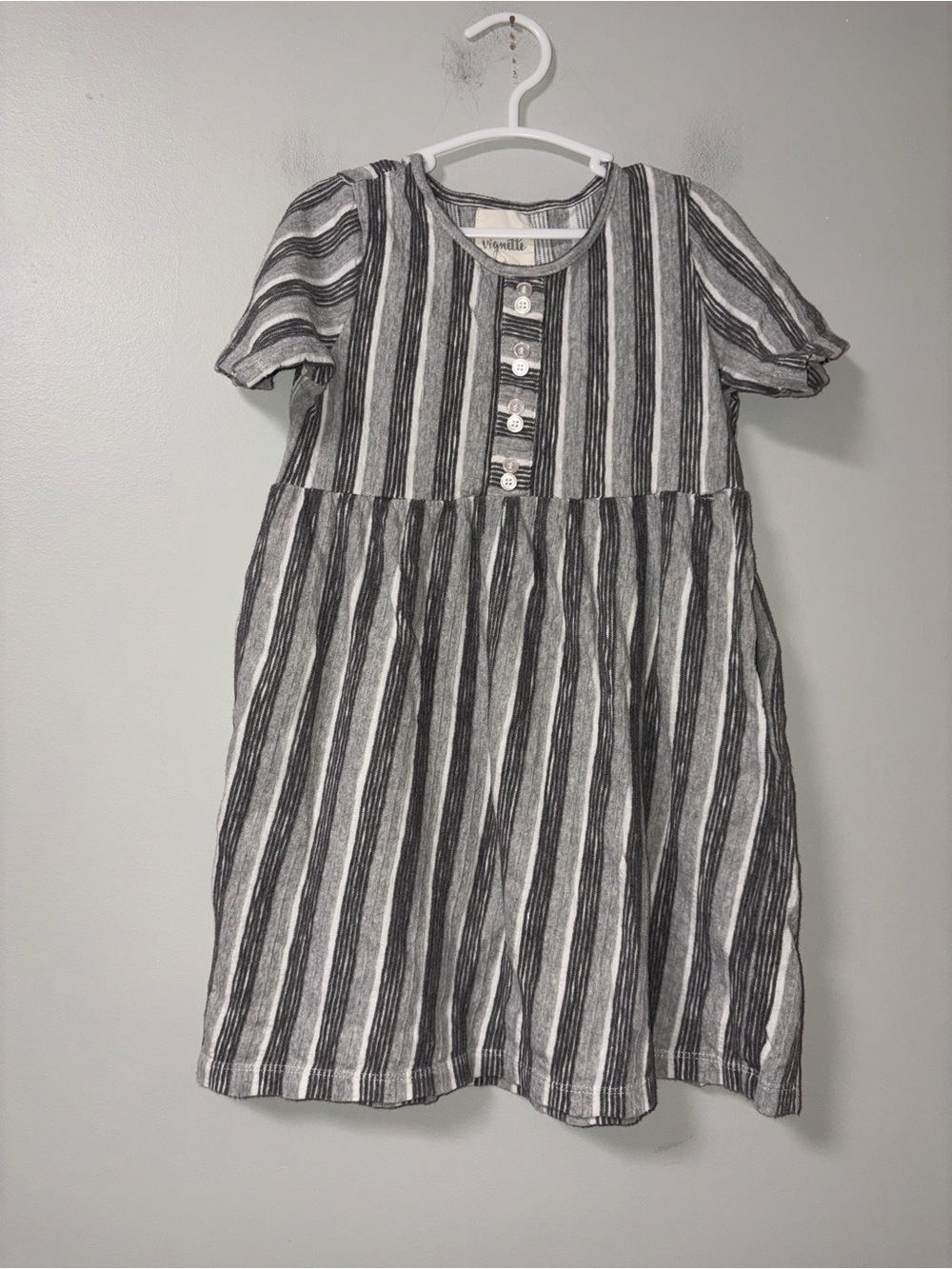 Vignette Gray Vertical Striped Button Bodice Short Sleeve Dress Girls 5